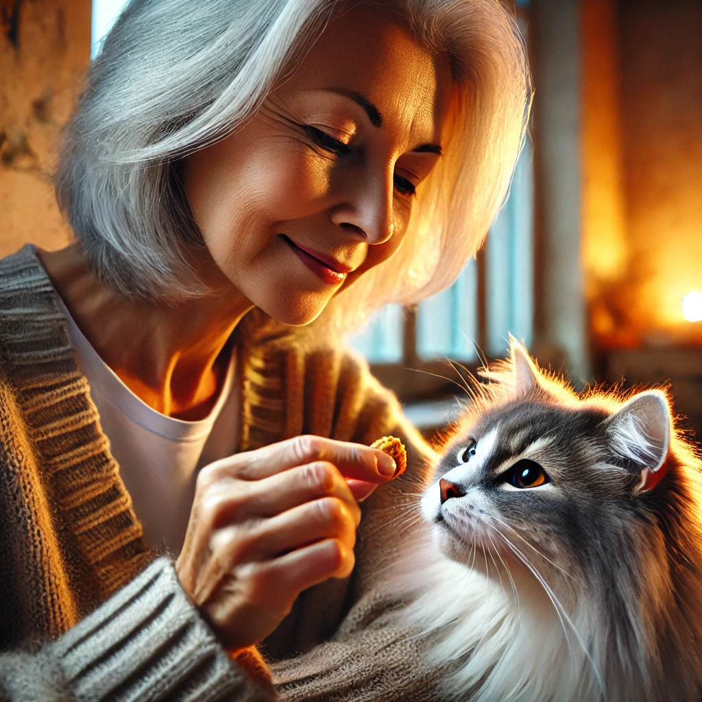 An older woman with grey hair offering a treat to a fluffy grey and white cat, in a warmly lit indoor setting