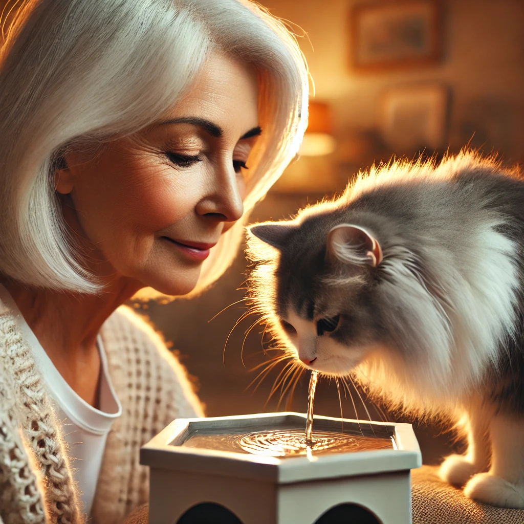 An older woman with grey hair lovingly watching her fluffy grey and white cat drink from a pet water fountain, in a warmly lit room