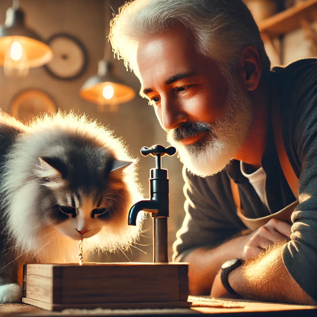 An older man with gray hair and a beard watching his fluffy grey and white cat drink water from a small tap fountain in a cozy, warmly lit room