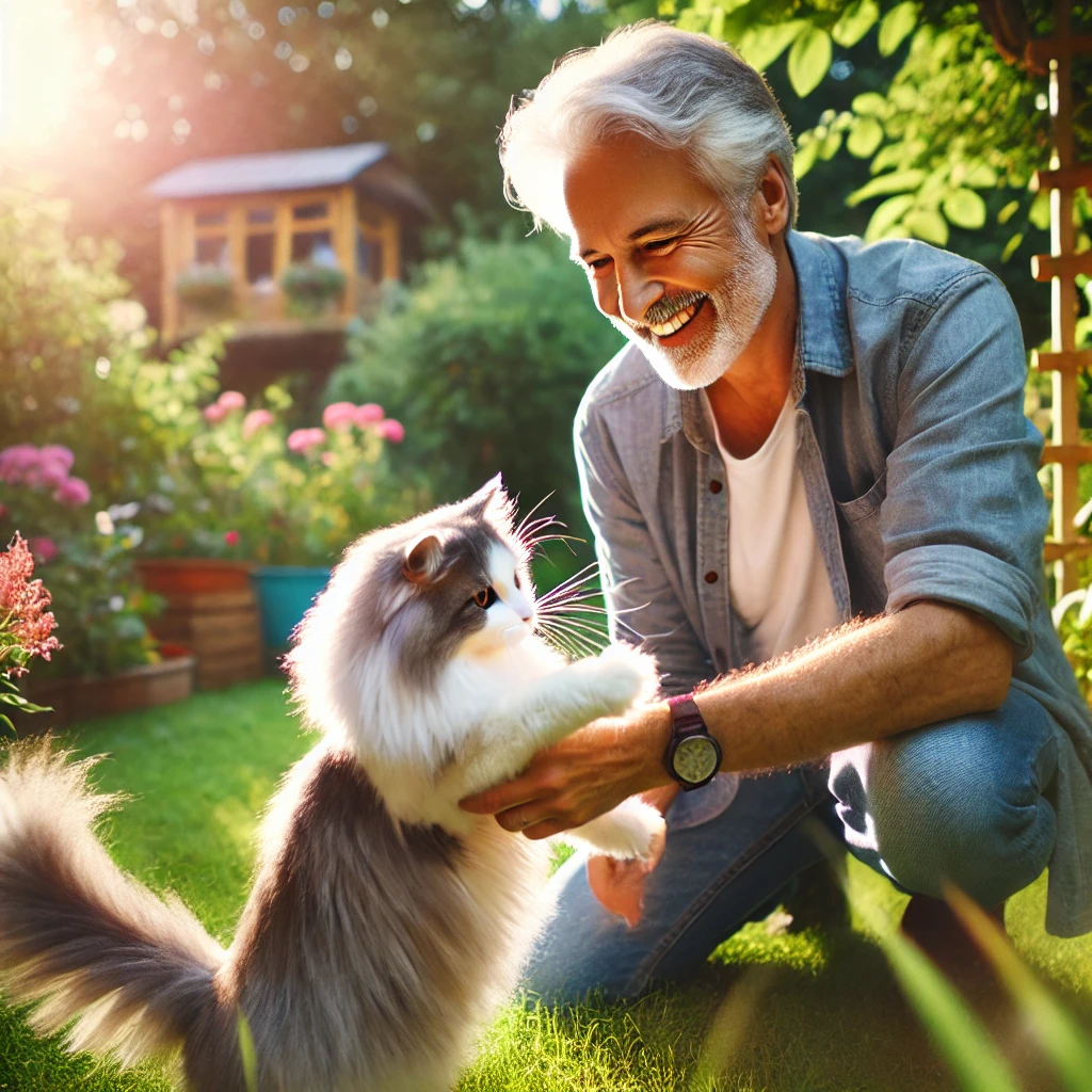 An older man with grey hair kneeling in a lush green garden, playing with his fluffy grey and white cat on a sunny day