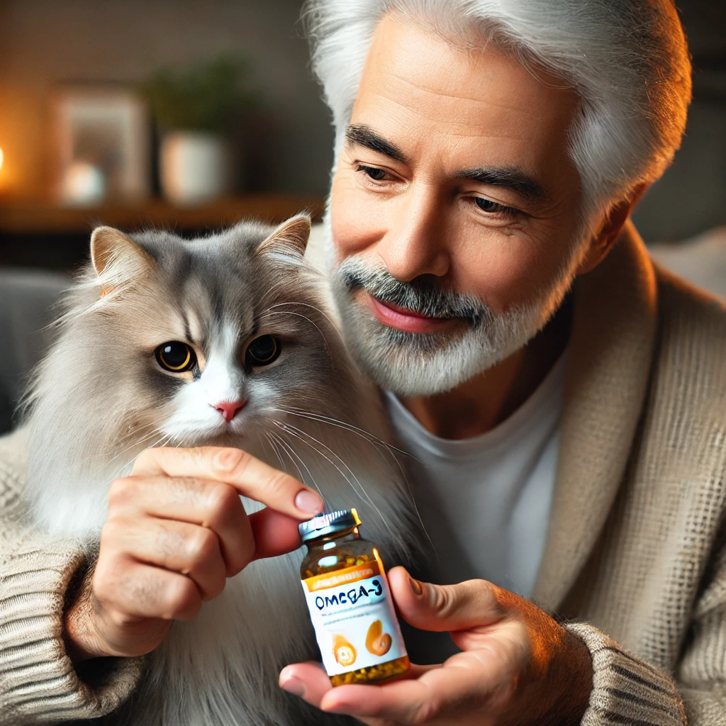 An older man with gray hair holding a bottle of Omega-3 supplements while sitting with his fluffy gray and white cat in a cozy, warmly lit room