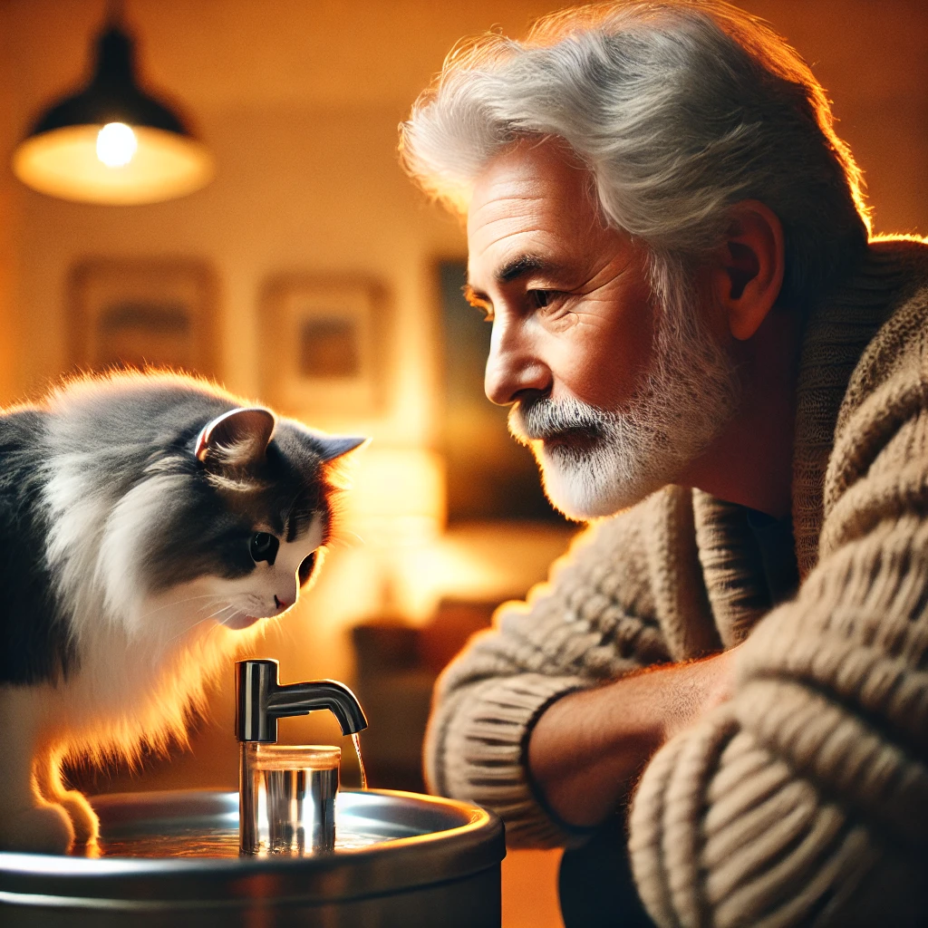 An older man with gray hair and a beard watches his fluffy gray and white cat drinking from a modern water fountain in a cozy, warmly lit room