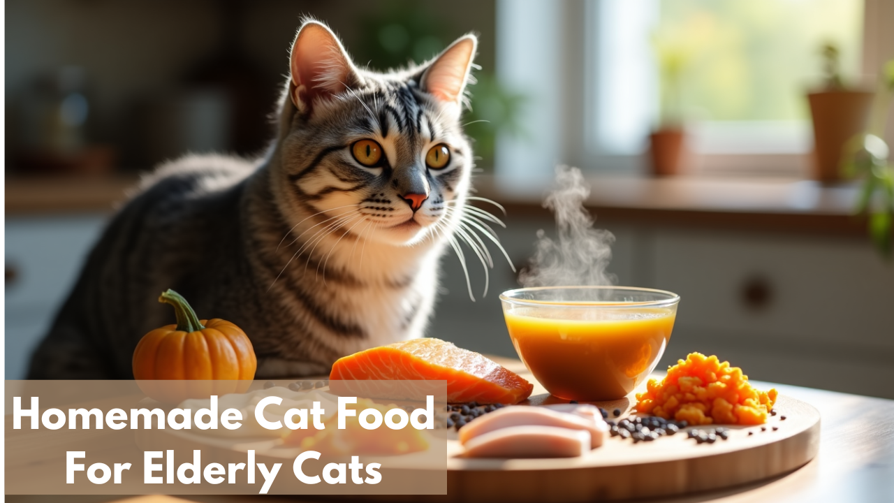 A tabby cat sitting on a kitchen counter next to a wooden board displaying homemade cat food ingredients, including salmon, pumpkin, mashed vegetables, and broth, with the text "Homemade Cat Food for Elderly Cats."