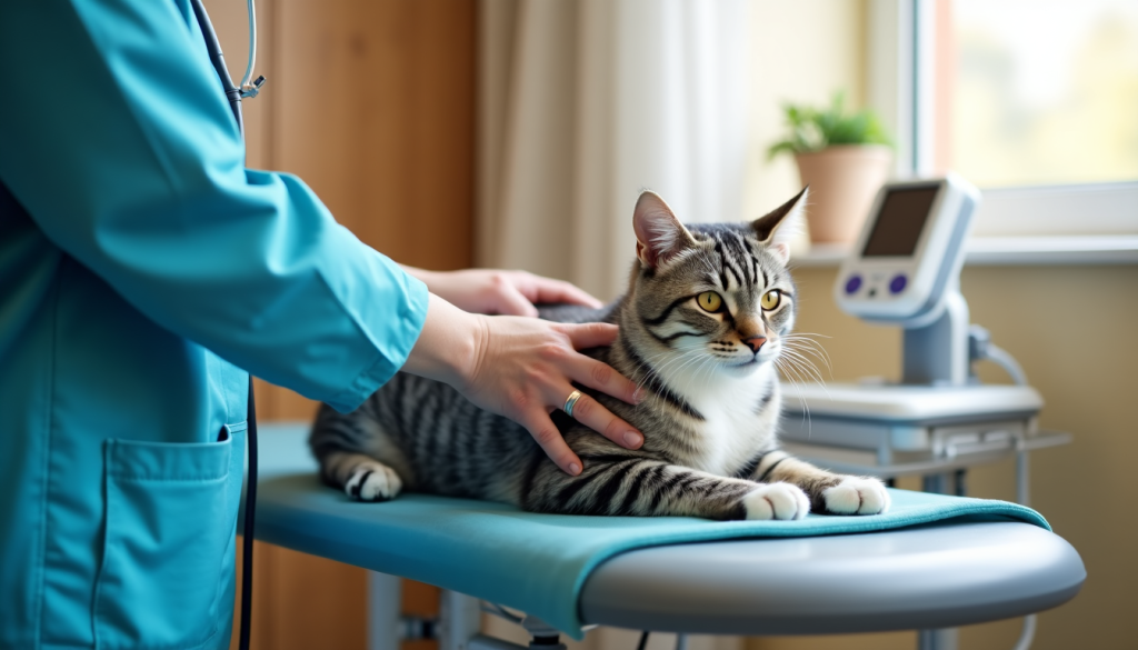 A senior tabby cat lying calmly on a veterinary examination table while a veterinarian in a blue uniform examines its back, with medical equipment in the background