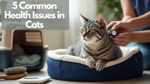 A tabby cat sitting calmly in a soft bed while a person checks its health with a stethoscope, with a text overlay reading "5 Common Health Issues in Cats.