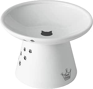 A white ceramic elevated pet bowl with a wide, shallow dish and decorative paw prints and crown design, ideal for cats or small pets