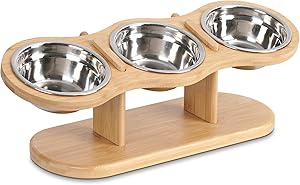 A wooden elevated feeding station with three stainless steel bowls, designed for cats or small pets. The station has a natural wood finish and a sturdy base.