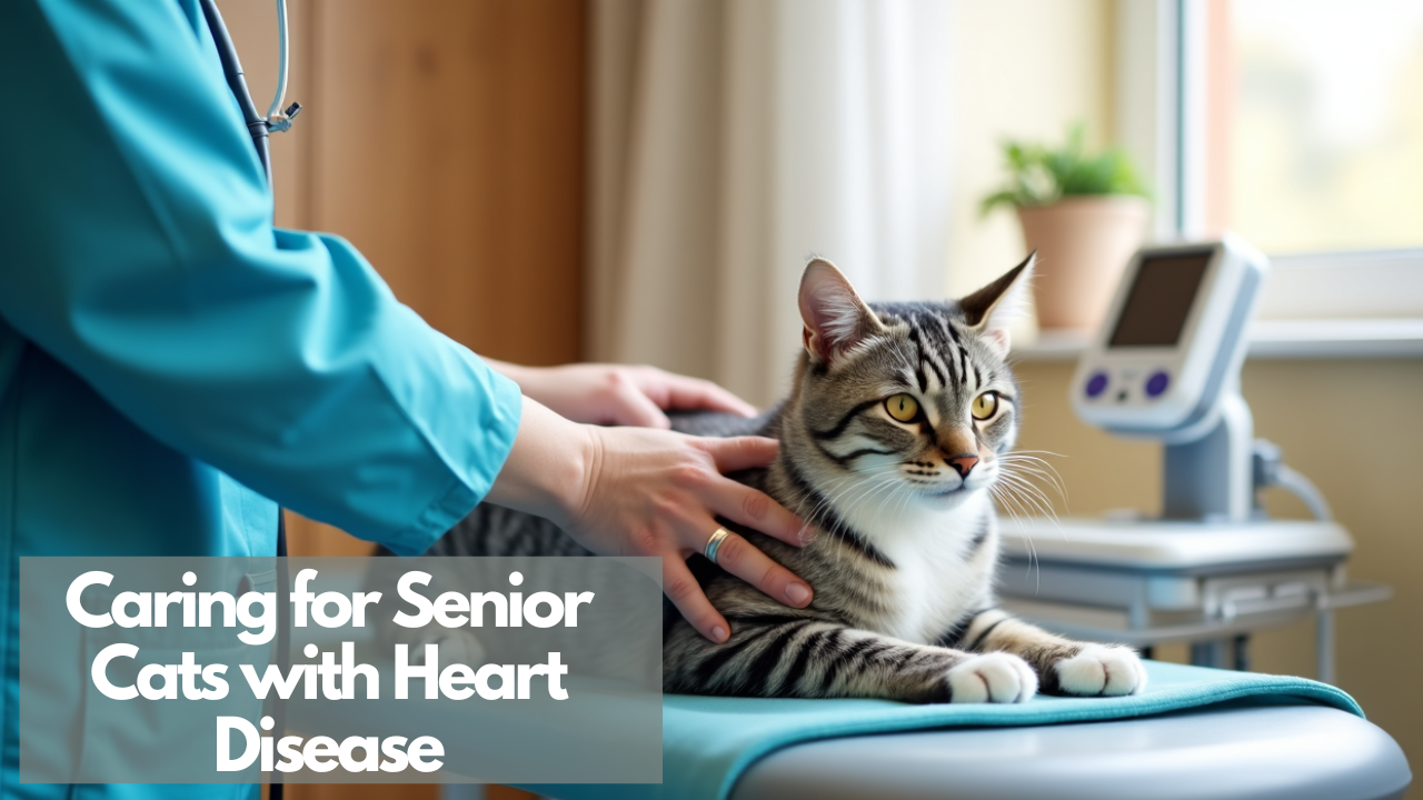A senior tabby cat being examined by a veterinarian on a medical table, with a text overlay reading "Caring for Senior Cats with Heart Disease.