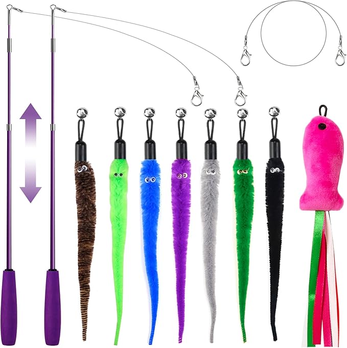 A set of interactive cat toys, including a retractable wand with multiple colourful worm-like attachments, each with googly eyes, a bell, and a pink plush toy with ribbon tails.