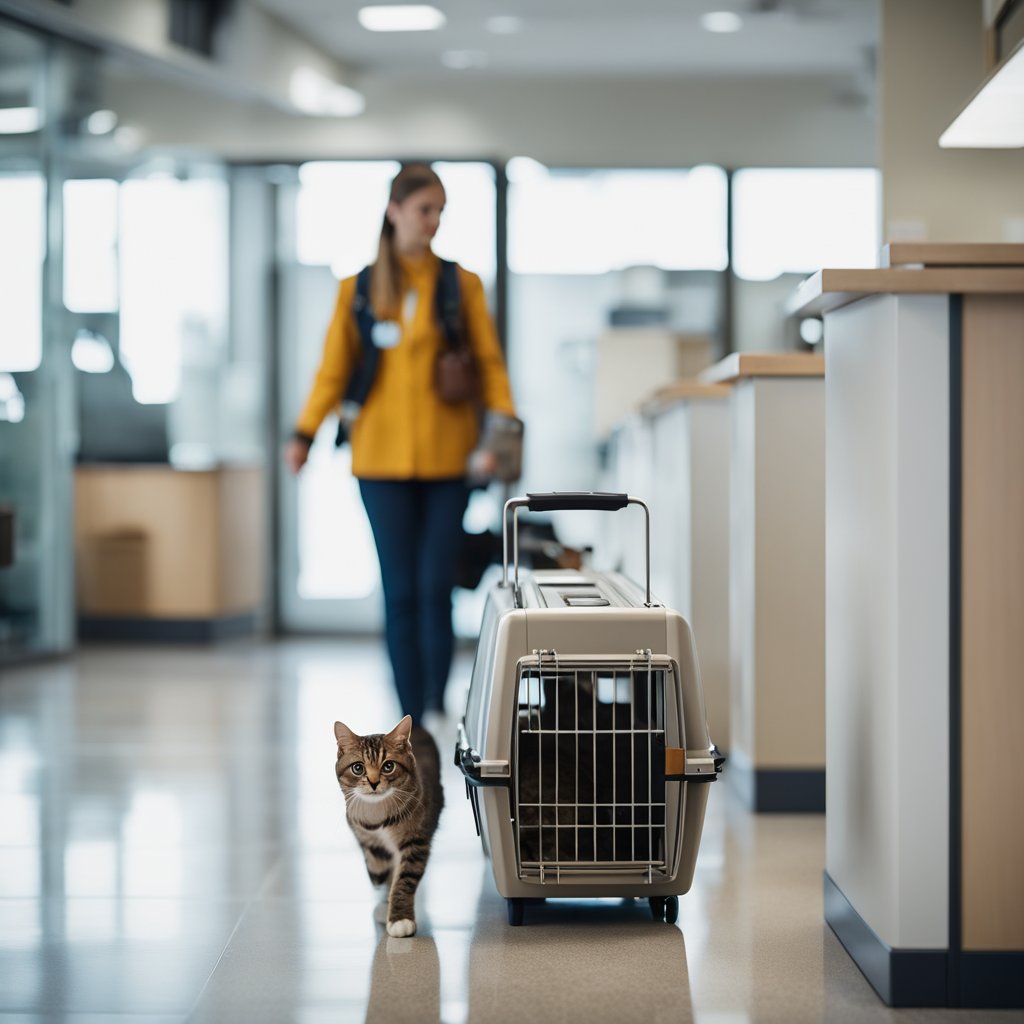 Tabby cat walking beside a rolling pet carrier in a veterinary clinic hallway