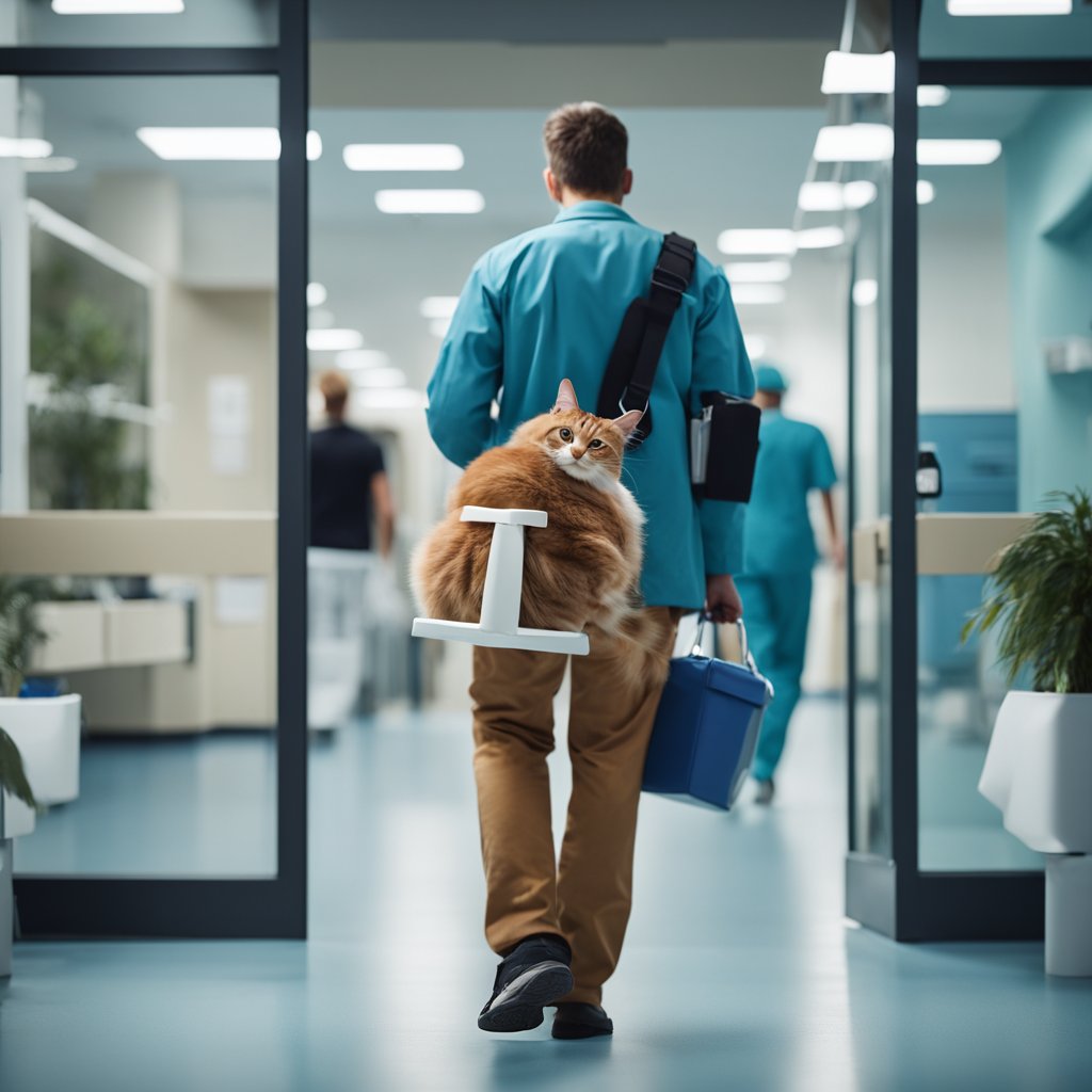 Veterinarian carrying an orange cat on a portable platform in a clinic hallway