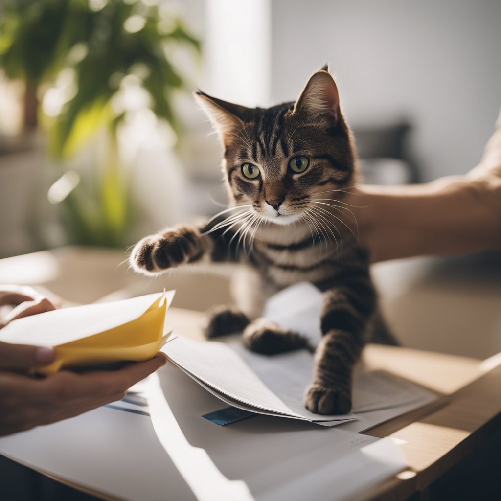 Tabby cat playfully pawing at papers on a desk.