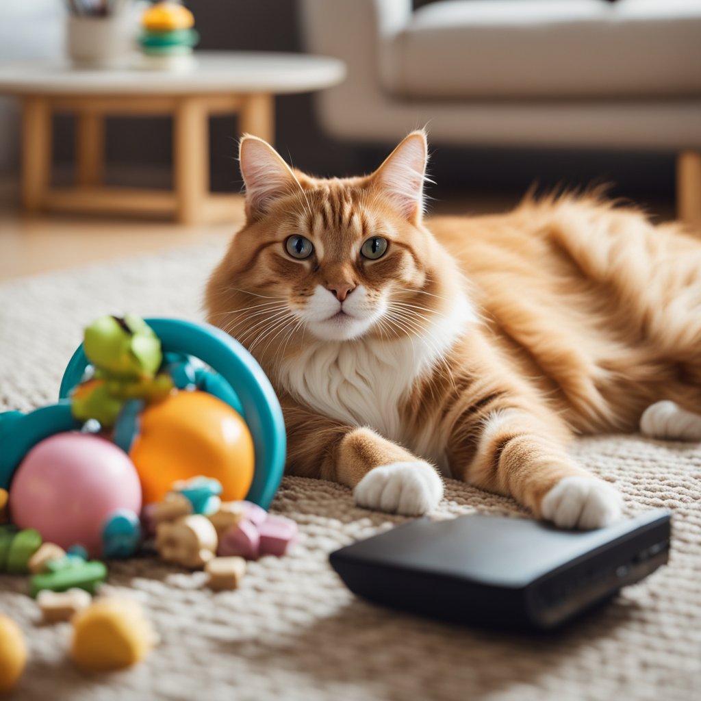 Orange tabby cat lying on a rug surrounded by colourful toys.