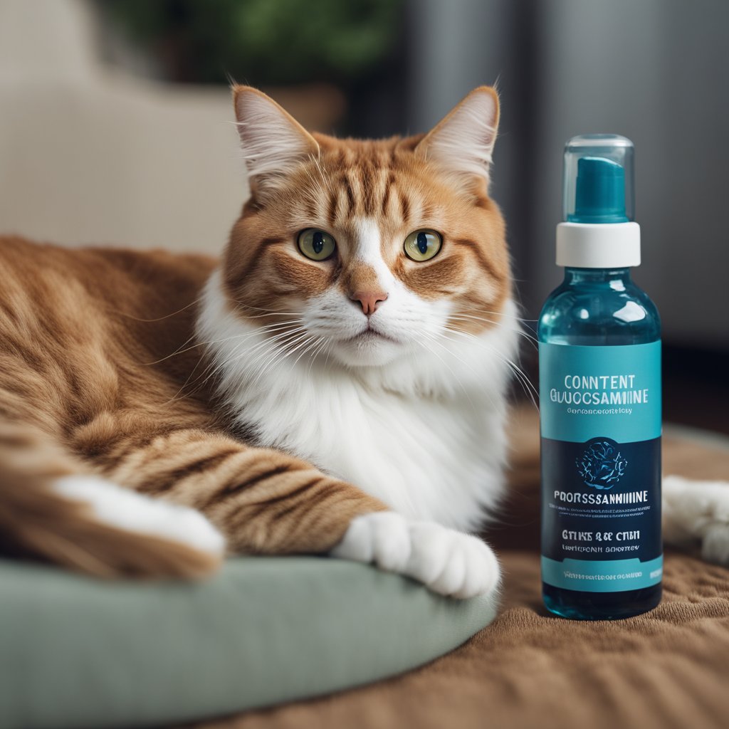 A ginger tabby cat sitting in front of shelves filled with jars of supplements, with various bottles of pills and capsules arranged on the table in front of it. The cat looks alert and curious, as if observing the collection.