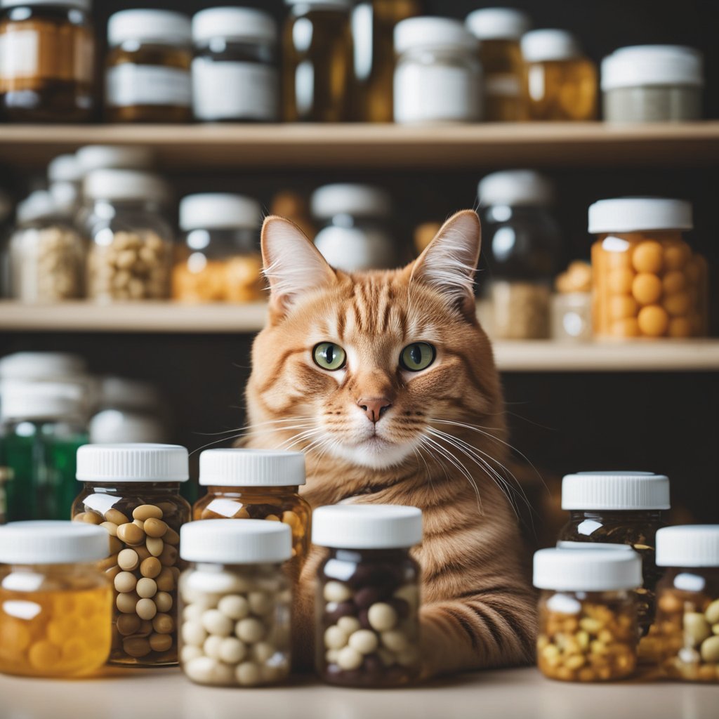 A ginger tabby cat sitting confidently in front of shelves filled with jars of supplements. On the table in front of the cat are bottles containing colourful pills and capsules, creating a visual focus on feline health and care.