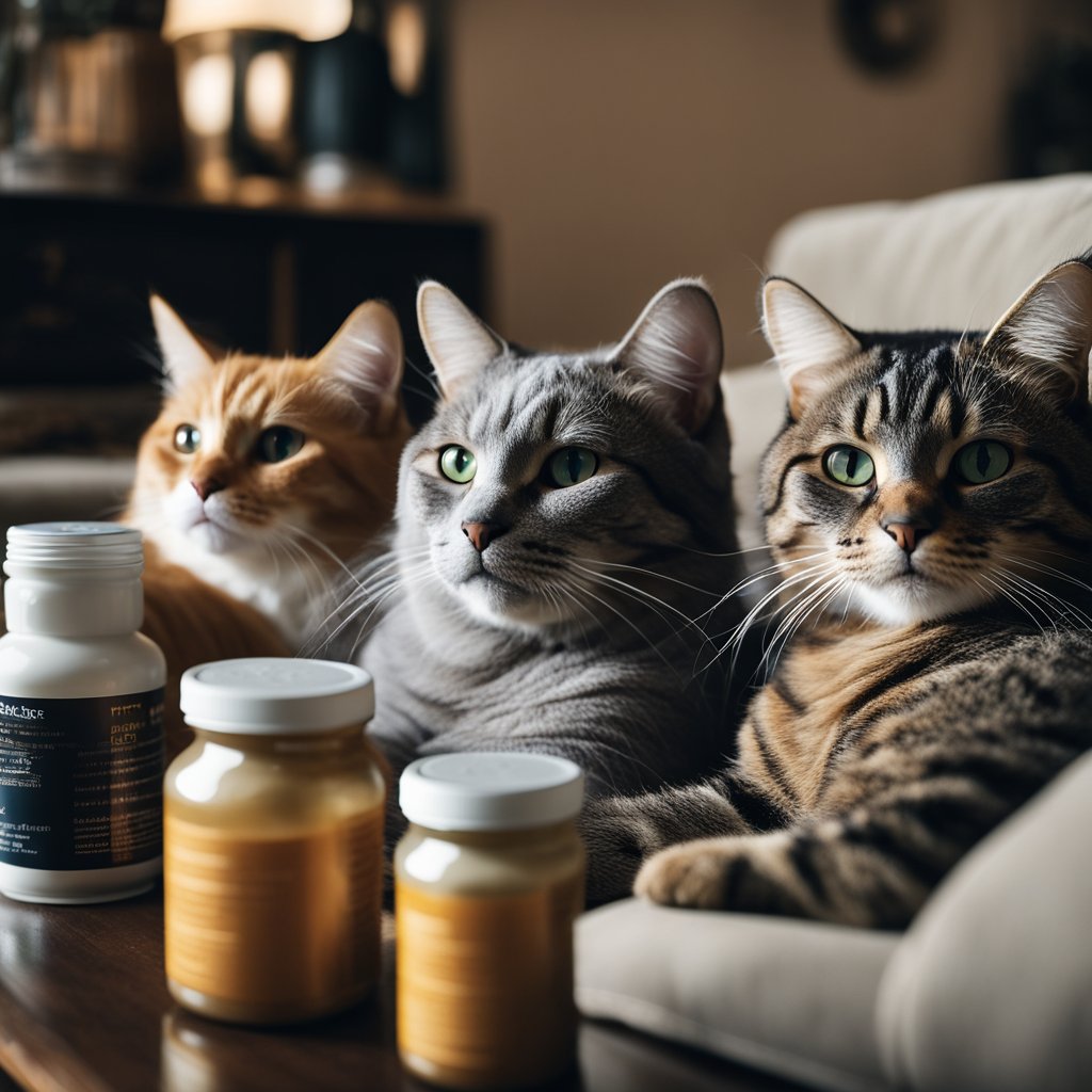 Three cats—a ginger tabby, a gray tabby, and a brown tabby—sitting close together on a couch. In the foreground, several jars and bottles of supplements are arranged on a wooden table. The cats appear calm and curious, creating a cozy and wholesome atmosphere.
