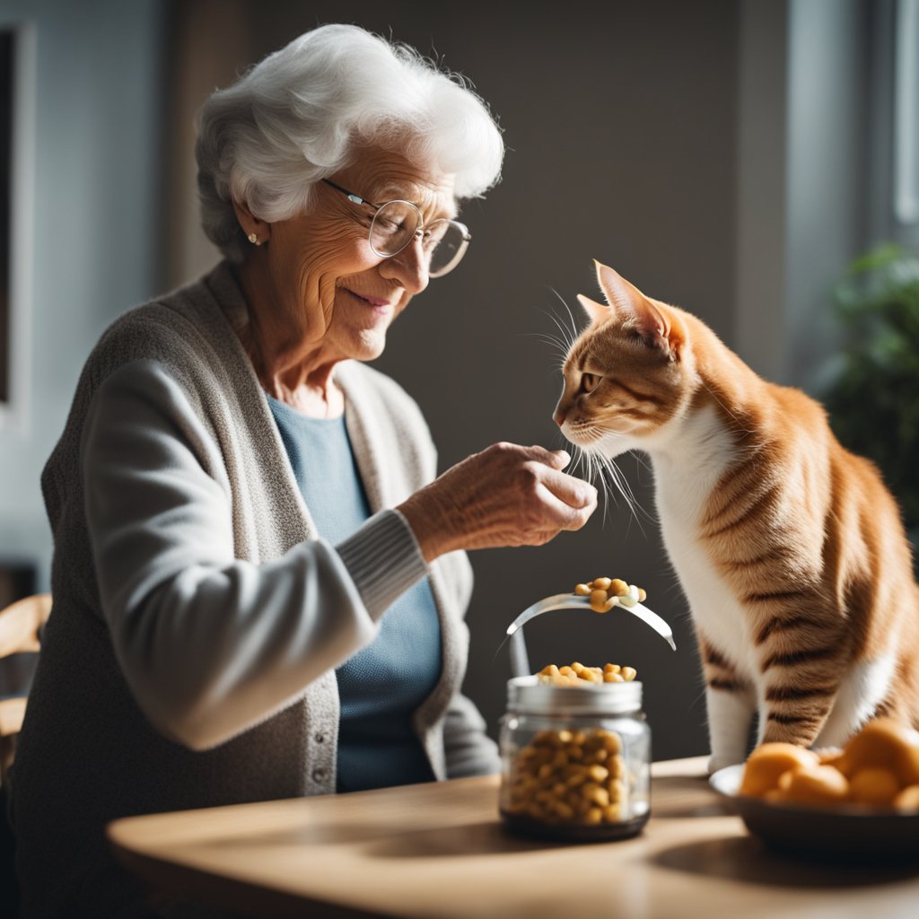 8 Ways Cats Respond to Emotional Consistency – An elderly woman with white hair and glasses offers supplements to a curious ginger cat, sharing a calm and caring moment together.