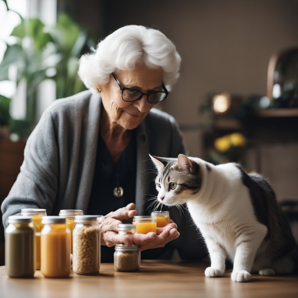 An elderly woman with white hair and glasses offering a ginger tabby cat a spoonful of supplements or treats. A jar of supplements and a bowl of fruit are on the table, with warm natural light creating a cozy atmosphere.