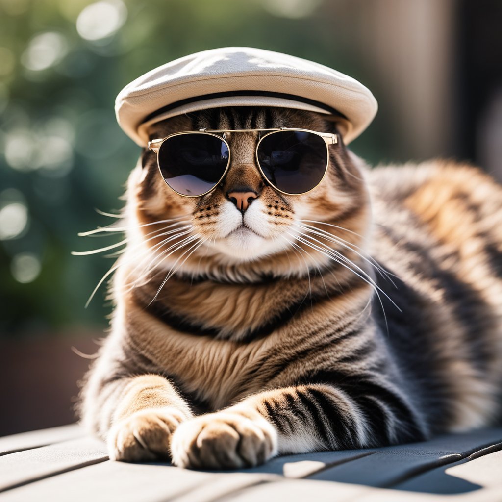 A stylish tabby cat wearing a beige bucket hat and reflective sunglasses, lounging outdoors on a sunny day. The sunglasses reflect a vibrant, green, and blue natural landscape