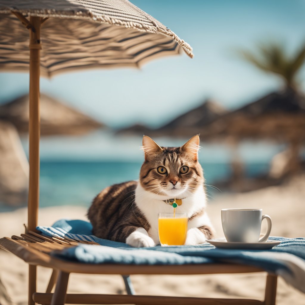 A tabby cat lounging on a beach chair under a striped umbrella with a glass of orange juice and a cup of coffee nearby. The scenic backdrop includes a clear blue sky, palm trees, and a sandy beach.