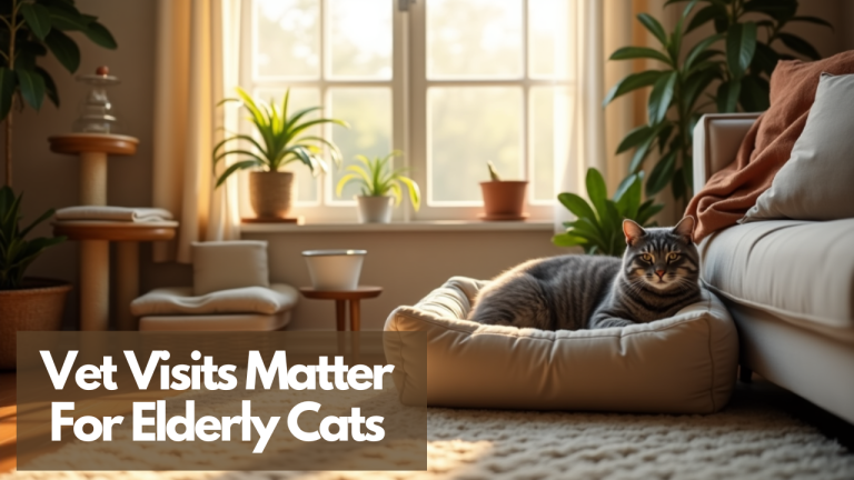 A senior tabby cat resting in a cozy pet bed in a well-lit, plant-filled living room with text overlay reading "Vet Visits Matter for Elderly Cats.