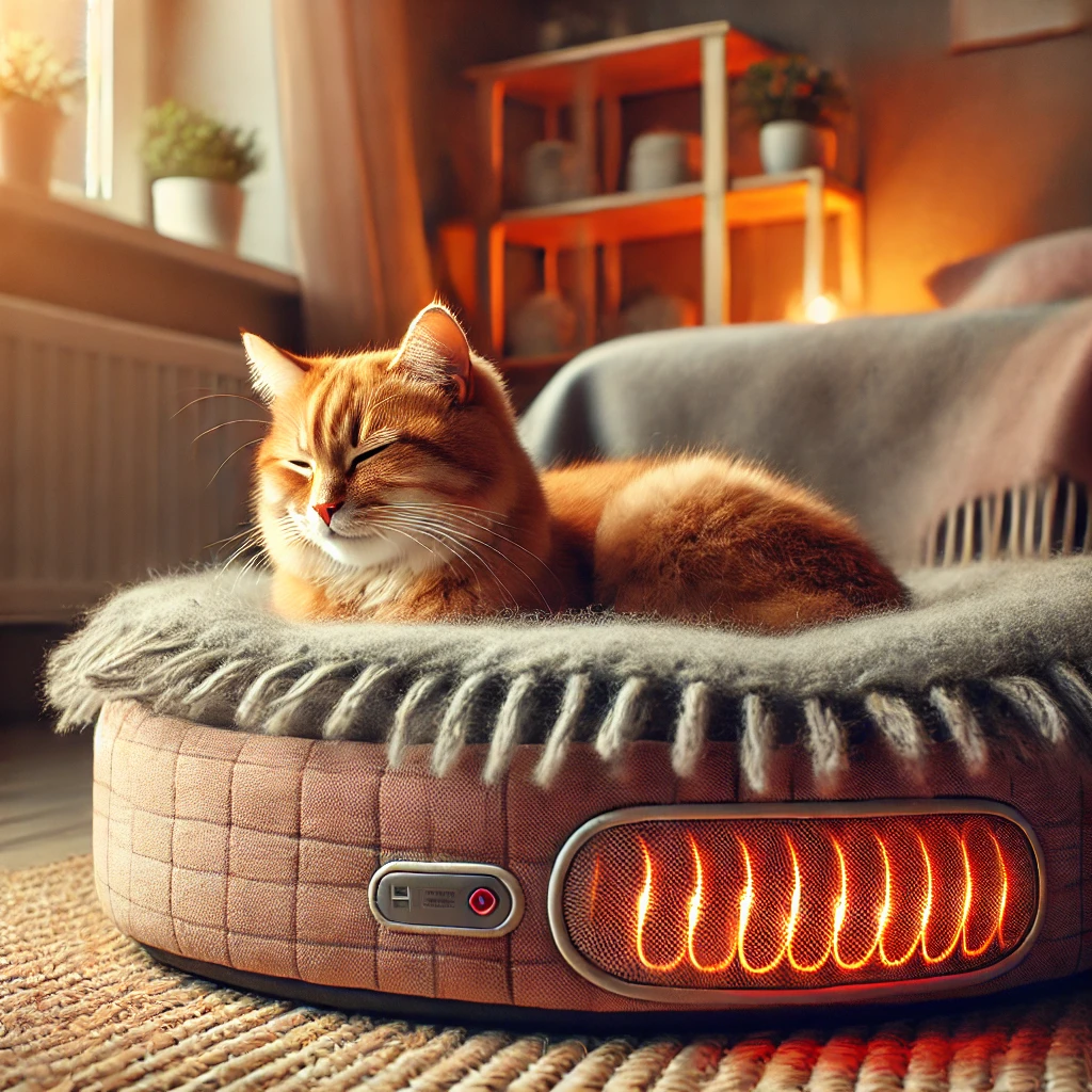 Ginger tabby cat resting peacefully on a heated cat bed, enjoying a cozy and warm environment.