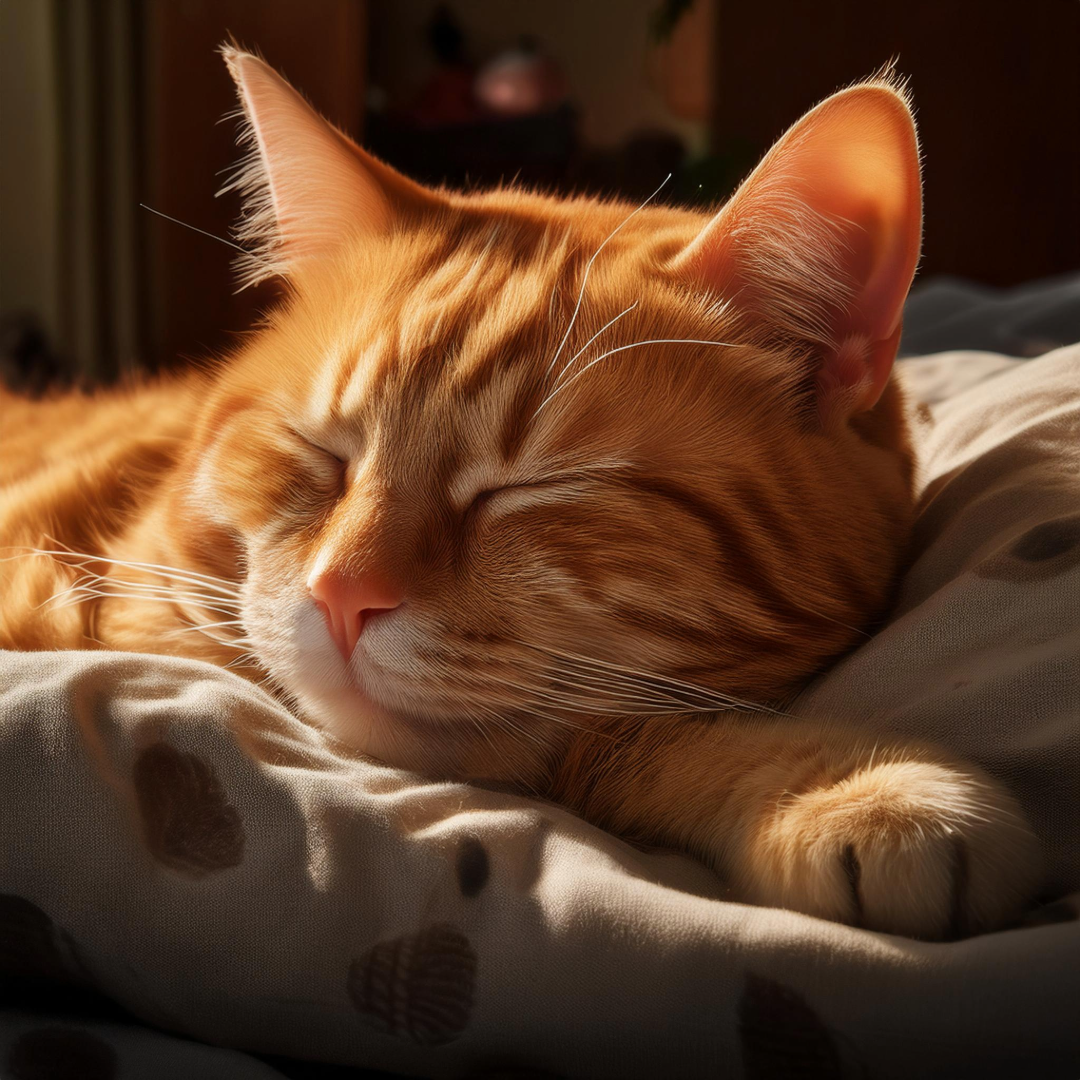 Close-up of a ginger cat lying on a soft surface, gazing thoughtfully, with the calming presence and healing power of cat purrs