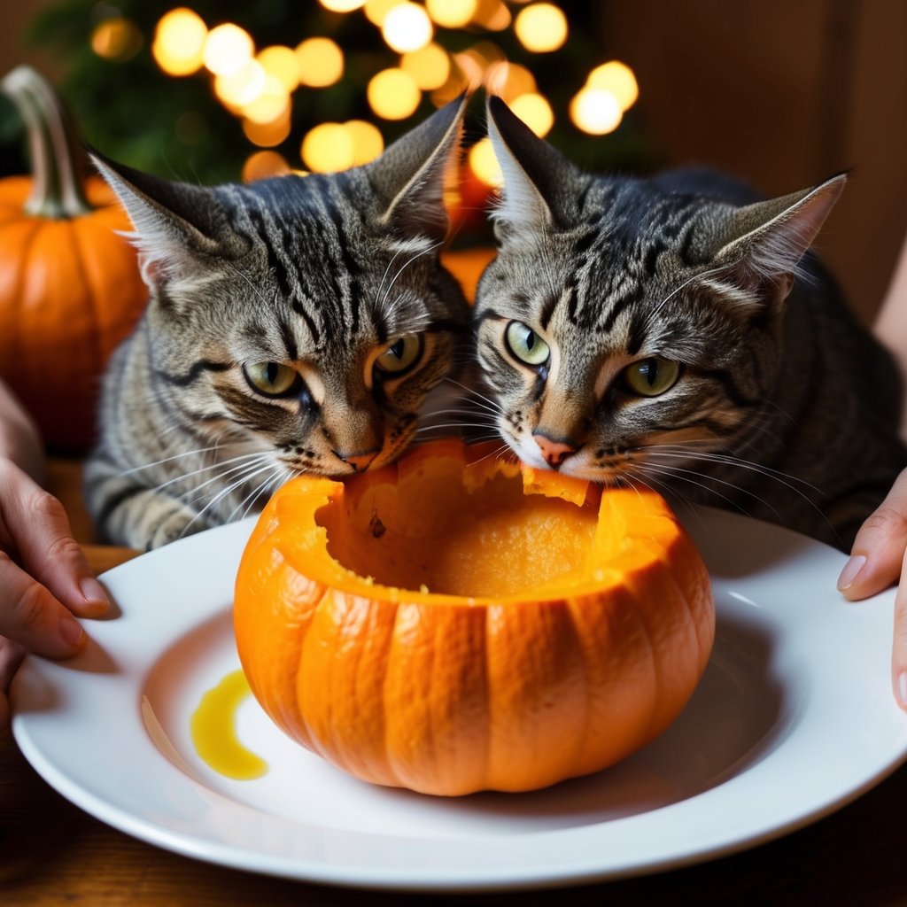 Two tabby cats enjoying pumpkin from a carved bowl on a festive table, showcasing the health benefits of pumpkin for cats