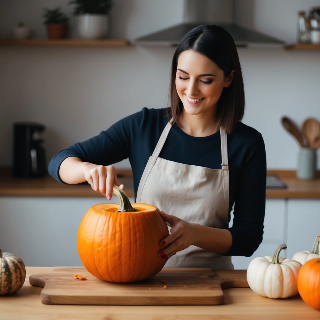 A smiling woman preparing a fresh pumpkin in a cozy kitchen, emphasizing the health benefits of pumpkin for cats