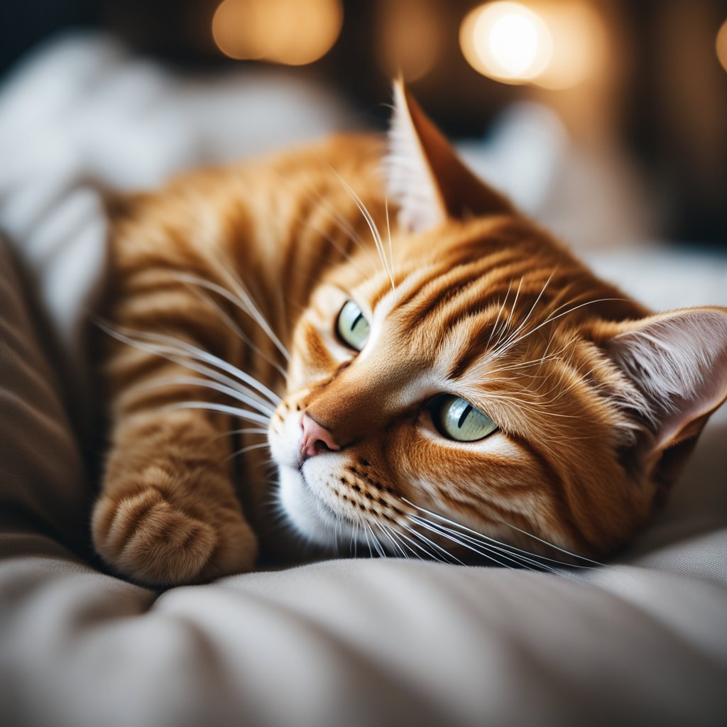Close-up of a ginger cat peacefully sleeping with eyes closed, embodying the calm of cat purring.