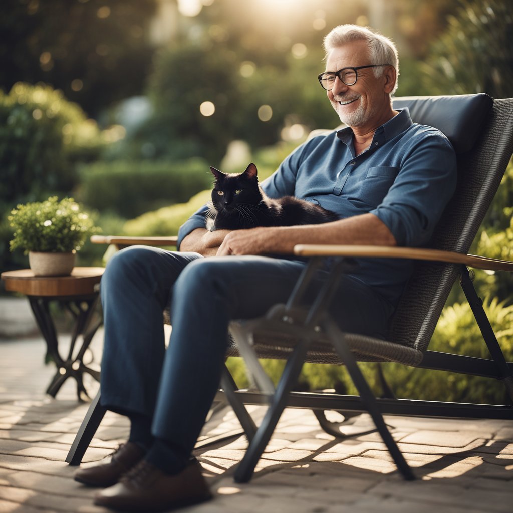 Elderly man sitting outdoors on a lounge chair with a black cat purring on his chest experiencing the healing power of rescue cats